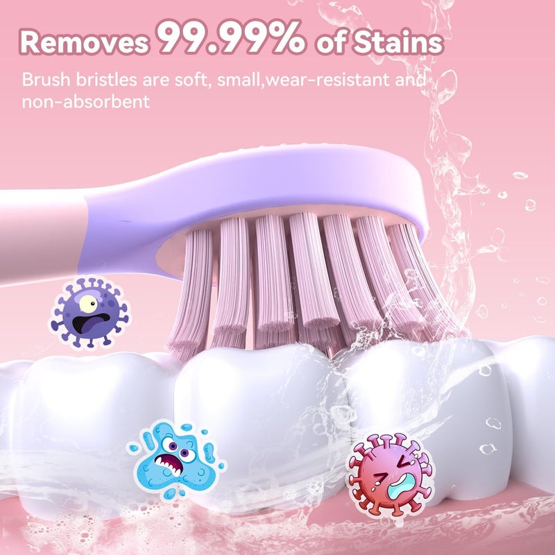 JTF Kids Electric Toothbrush Rechargeable: Sonic Tooth Brush with Smart Timer 5 Brushing Modes 4 Soft Brush Heads IPX7 Waterproof and DIY Sticker, Portable Pink Children Toothbrushes for Girl, Ages 3+ - Image 2